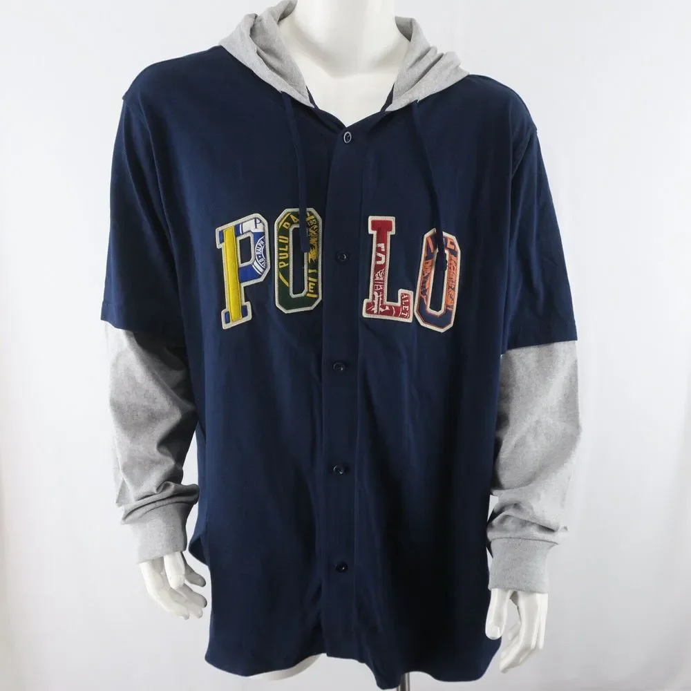 Ralph Lauren Polo Sweatshirt Mens 2XB Blue Hooded Baseball Jersey Shirt Spellout